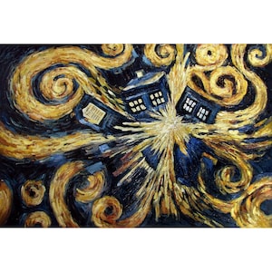 Pode incluir: Uma pintura azul e amarela de uma TARDIS, uma máquina do tempo da série de ficção científica britânica Doctor Who, no estilo de A Noite Estrelada de Vincent van Gogh.
