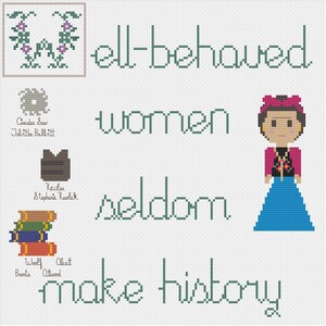 Puede incluir: Un diseño de punto de cruz con una cita que dice "Las mujeres bien portadas rara vez hacen historia." El diseño presenta una imagen estilizada de Frida Kahlo con un vestido azul y una blusa rosa. La cita está en texto verde.