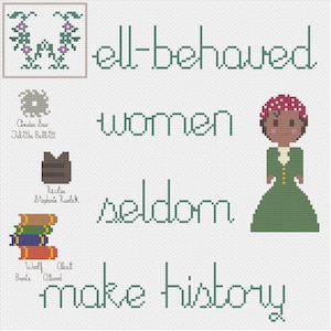 Puede incluir: Bordado de punto de cruz verde con el texto "Well-behaved women seldom make history". El bordado presenta una pequeña ilustración de una mujer con un vestido verde y un pañuelo rojo.