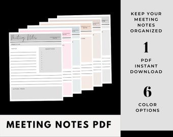 Meeting Notes, Printable Work Organizer, Daily Weekly Work Planner, Meeting Agenda Template, Meeting Tracker,  PDF, Printables, Note Taking