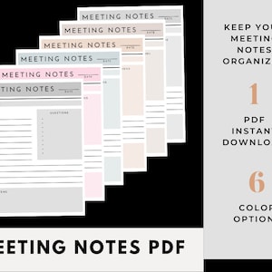 Meeting Notes, Printable Work Organizer, Daily Weekly Work Planner, Meeting Agenda Template, Business Planner,  PDF, Printables, Organizing