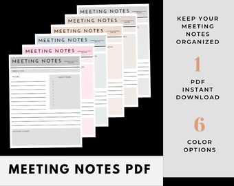 May include: A set of six printable meeting notes templates in different colors. The templates include sections for objective, notes, questions, and action items. The text "Meeting Notes PDF" is at the bottom of the image. The text "Keep Your Meeting Notes Organized" is on the right side of the image. The text "1 PDF Instant Download" is on the right side of the image. The text "6 Color Options" is on the right side of the image.