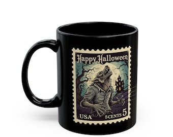 Spooky Halloween Mug: Vintage Stamp Design, Black Ceramic Coffee Cup