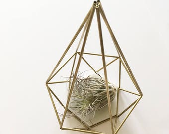 Brass Geometric Prism with Grecian White Marble Hexagon Base - 2-Piece Air Plant or Jewelry Dish - Coffee Table Decor - Minimalist Himmeli