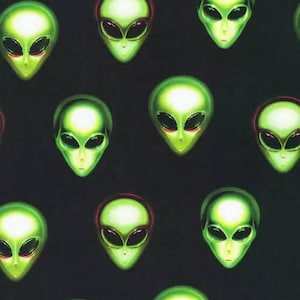 May include: A black background with a repeating pattern of green alien faces with red eyes. The aliens have large, oval-shaped heads and large, black eyes.
