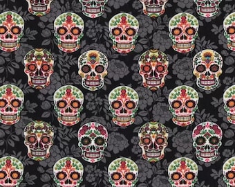 Half Yard Sugar Skulls on Black Floral 100% Cotton Fabric