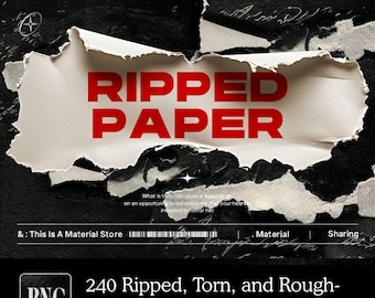 May include: A digital graphic featuring torn paper with the words "RIPPED PAPER" in red. The image includes the text "240 Ripped, Torn, and Rough-Edged Paper Styles/Designs" and "1.43 GB". The background is dark with handwritten script.