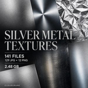 May include: A digital collection of silver metal textures featuring various finishes including brushed, polished, and crumpled foil surfaces. The text reads SILVER METAL TEXTURES, 141 FILES, 129 JPG, 12 PNG, 2.48 GB, and CLOUDCRANE.