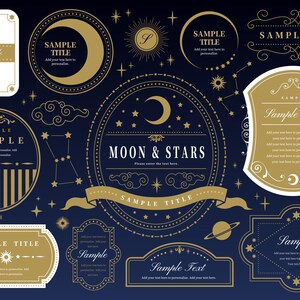 May include: A collection of celestial-themed design elements in gold and white on a dark blue background. Includes moons, stars, suns, and decorative frames with the text "MOON & STARS" and "SAMPLE TITLE".
