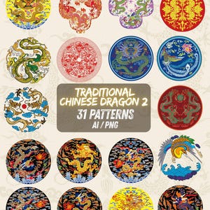 Op de afbeelding: Een verzameling van 31 traditionele Chinese drakenpatronen in verschillende cirkelvormige en bloemmotieven. De patronen tonen draken, feniksen en bloemmotieven in levendige kleuren zoals goud, rood, blauw en groen. De tekst "Traditional Chinese Dragon 2" is ook opgenomen.