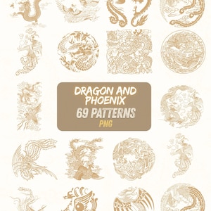 Puede incluir: Una colección de 69 patrones dorados de dragones y fénix en varios diseños. La imagen incluye dragones, fénix y arreglos circulares y cuadrados. El texto en la imagen dice "DRAGON AND PHOENIX 69 PATTERNS PNG."