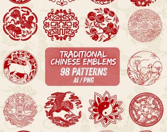 May include: A collection of 15 red and white traditional Chinese emblem designs. Each circular emblem features intricate patterns, including floral, animal, and geometric motifs. The image includes the text "Traditional Chinese Emblems" and "98 Patterns".