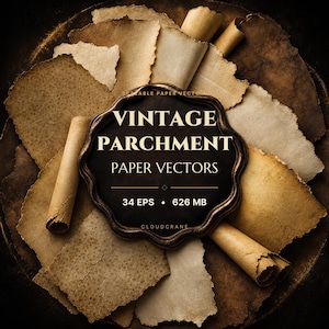 Peut inclure: Une collection de feuilles et de rouleaux de papier parchemin texturé et vieilli disposés en cercle. Au centre, un cadre sombre à bords festonnés porte le texte VINTAGE PARCHMENT PAPER VECTORS, 34 EPS, 626 MB et CLOUDCRANE.