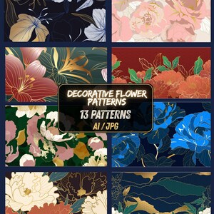 May include: A collection of 13 decorative flower patterns in various color schemes. The patterns include floral designs with gold accents, in shades of pink, blue, red, and green. The text "DECORATIVE FLOWER PATTERNS" and "13 PATTERNS AI/JPG" is displayed.