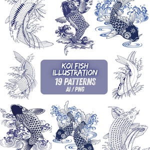 Könnte beinhalten: Neun Illustrationen von Koi-Karpfen in Blau und Weiß. Jedes Design zeigt einen Fisch mit detaillierten Schuppen und Flossen, umgeben von stilisierten Wasserwellen. Der Text "KOI FISH ILLUSTRATION 19 PATTERNS AI / PNG" ist in einem rechteckigen Feld dargestellt.