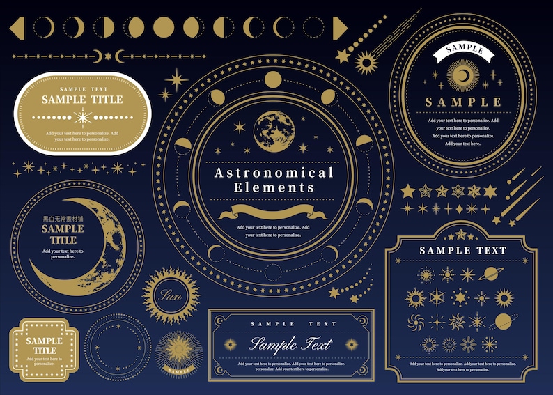 May include: A collection of celestial-themed design elements in gold and white on a dark blue background. Includes moons, stars, suns, and frames with the text "Astronomical Elements" and "Sample Text".