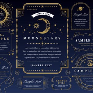 May include: A dark blue celestial design with gold accents. The image features various frames, circles, and banners with the words "Sample Text" and "Moon & Stars". Decorative elements include moons, stars, and zodiac symbols.