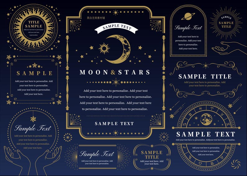 May include: A dark blue celestial design with gold accents. The image features various frames, circles, and banners with the words "Sample Text" and "Moon & Stars". Decorative elements include moons, stars, and zodiac symbols.