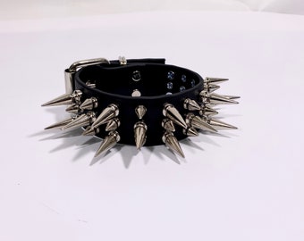 TRINITY COLLAR // Faux Leather 1.5 inch Wide Three Row Spikes Choker