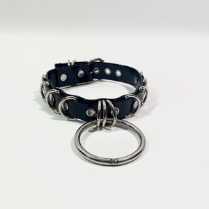 May include: Black leather choker with multiple silver rings and a large silver ring attached.