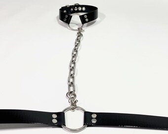 SHACKLED HARNESS // Faux Leather PVC Vinyl Belt and Choker with removable chain