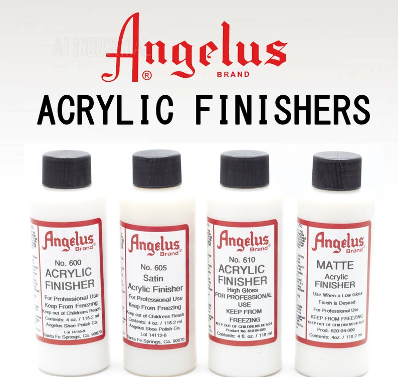 May include: Four bottles of Angelus Brand acrylic finishers. The bottles are labeled with the product name, number, and instructions for use. The bottles are white with black caps and labels.