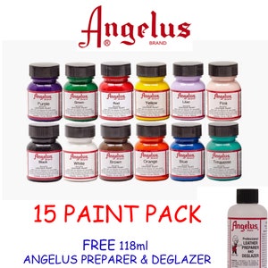 Angelus Acrylic Leather Paints 29.5ml , ( x15 Paints ) FREE PREPARER & DEGLAZER