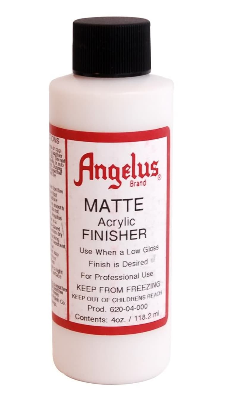 May include: A 4-ounce bottle of Angelus Brand Matte Acrylic Finisher. The bottle is white with a red label that says "Matte Acrylic Finisher" and "Use When a Low Gloss Finish is Desired". The label also says "Keep From Freezing" and "Keep Out of Children's Reach".