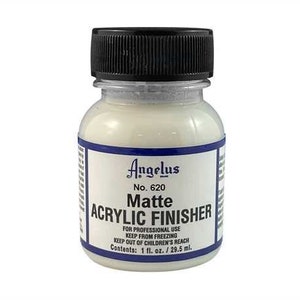 以下が含まれることがあります： Angelus No. 620 マットアクリルフィニッシャーの白いボトル。ボトルにはブランド名、製品名、使用方法が記載されています。ボトルには29.5mlの製品が入っています。