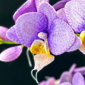 May include: A close-up of a purple and yellow orchid flower. The flower is made of fabric and has a soft, fuzzy texture.
