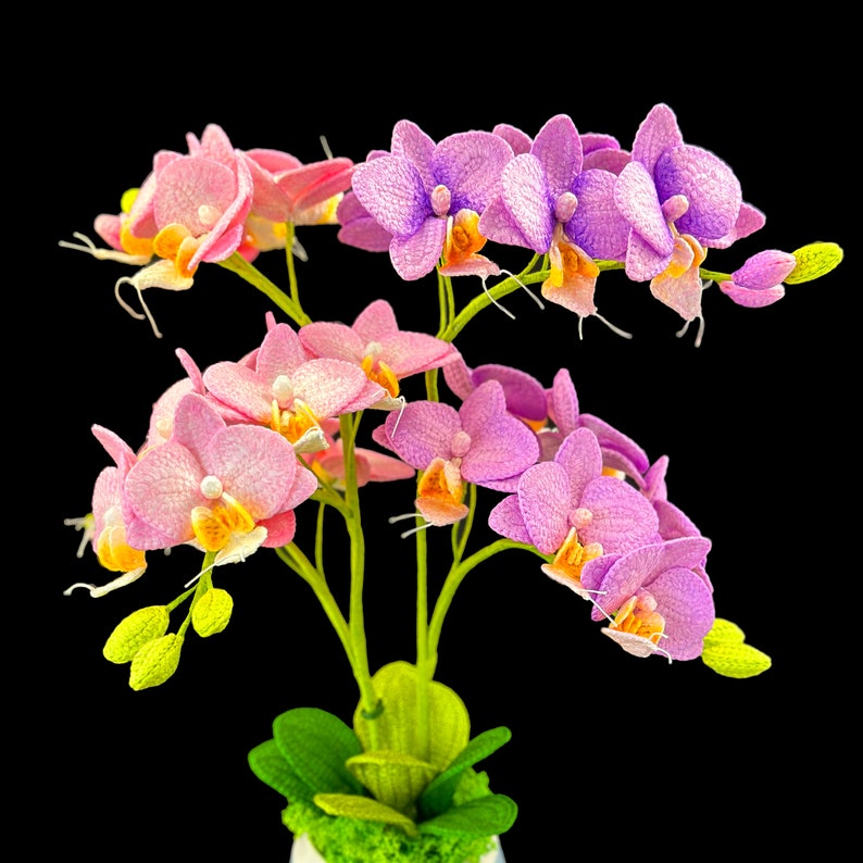 May include: A bouquet of pink and purple orchids in a green pot. The orchids are arranged in a cluster with their stems extending upwards. The flowers are in full bloom and have a delicate, feminine appearance.