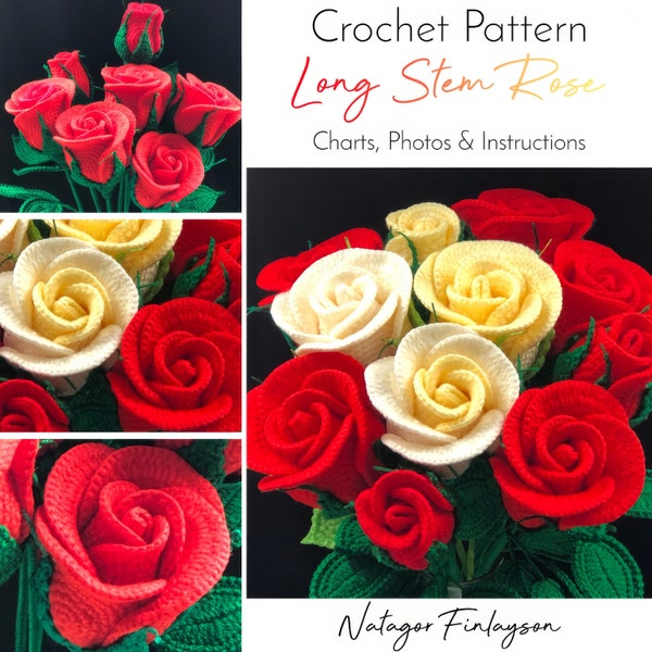 Long Stem Rose Crochet Pattern - Crochet Rose Flower - Crochet Valentine - Valentines Crochet Pattern - Crochet Flower Pattern