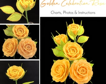 Golden Celebration Rose Crochet Pattern - 3 Sizes of Roses in One Crochet Pattern - Crochet Flower Pattern