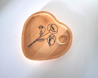 August Poppy birth flower dish, cute birthday gift best friend, heart trinket tray, engagement ring dish, Anniversary or Christmas gift