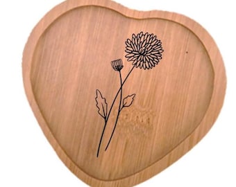 November Birth Flower dish, Engraved Chrysanthemum Bamboo Serving ring Tray, Unique November Birthday Gift for Her or Him, cute friend gift