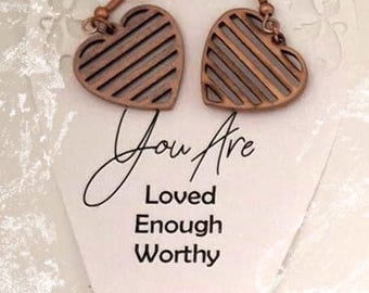 Engraved Wooden Heart Dangle Earrings, Friendship Gift