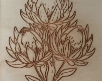 South African Protea Flower Coaster,  Laser Engraved Protea Flower, Laser Engraving Africa,  South Africa, Wooden South African Protea