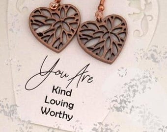Wooden Heart Shaped Dangle Earrings, Gift for her engraved, cute earrings, Friendship Gift, Teachers Appreciation, Words of Inspiration