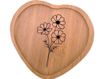 October  Birth Flower Dish, Engraved Cosmos Bamboo Serving Ring Tray, unique Birthday Gift for Her or Him, cute gift friend teacher