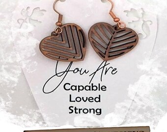 Engraved Wooden Heart Dangle Earrings, Inspirational Affirmation Gift