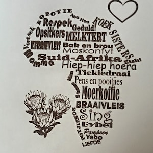 Afrika Wandtafel, Laser gravierte Afrikaanse Woorde, Lasergravur Afrika, Südafrika, Holzkartentafel, Protea-Blume, Protea