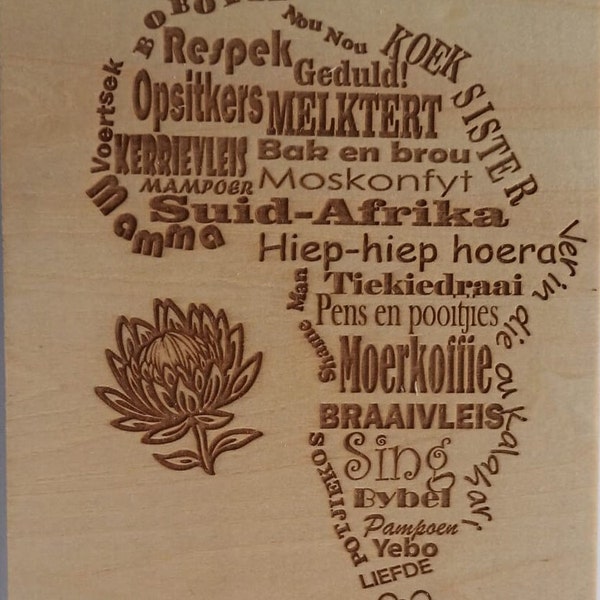 Africa Wall Plaque, Laser Engraved Afrikaanse Woorde, Laser Engraving Africa,  South Africa, Wooden Africa map plaque, Protea Flower