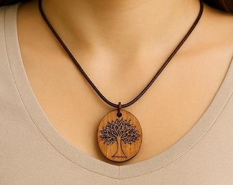 HandmadeTree of Life Cherry Wood Heart Pendant Necklace, Laser Cut Geometric Heart Charm, Natural  Jewelry