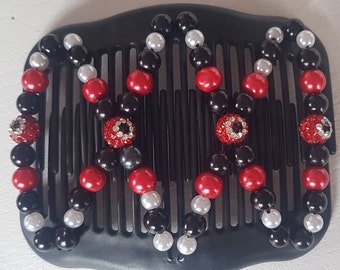 Red and Black African Butterfly Valentines Day Women's Fashion Multi-Wear Double Hair Comb Butterfly Stretchy Beaded Hair Comb.