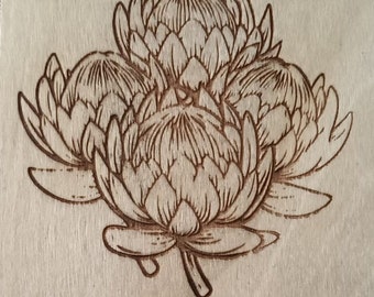 South African Protea  Coaster Set,  Laser Engraved Protea Flower, Laser Engraving Africa,  South Africa, Wooden South African Protea Laser