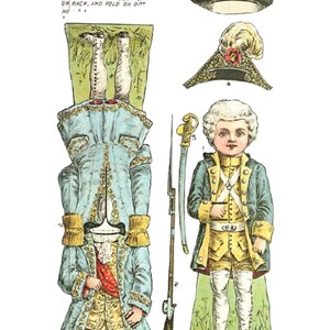 May include: A vintage illustration titled "Colonial Soldier" depicts a paper doll with various outfits and accessories. The image includes a soldier figure, hats, a sword, and a rifle. The soldier is dressed in a blue coat with gold accents and yellow breeches.