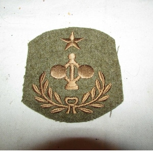 May include: Olive green patch with embroidered gold-colored details. The patch features a star at the top, a central emblem, and a laurel wreath at the bottom. The patch has a slightly irregular shape.