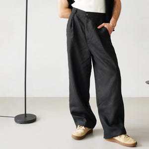 Breiter Leinen Palazzo Hose für Herren mit Falten, Hohe Taille Joggers, Herren Hose, Loose Fit Hose, Baggy Hose