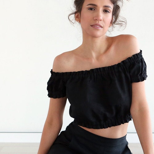 Off the shoulders linen top, Tank top, Shoulder Peasant Top, Linen Blouse, Black Crop Top, Boho ethnic, Black blouse