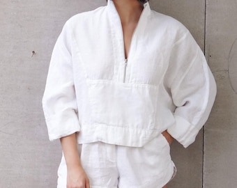 Women’s Linen Zip Pullover Top TULIP in White | Oversized sweatshirt
